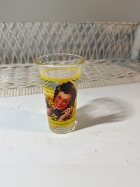 Vintage Pin Up Shot Glass Yellow Rim Retro Novelty Barware Funny Drinking Glass